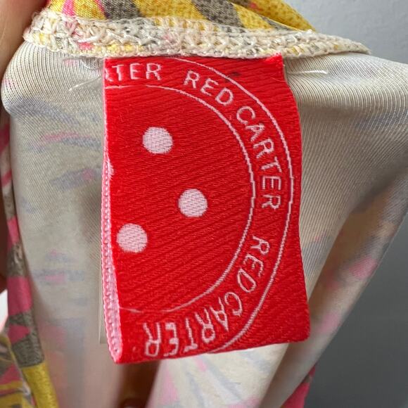 RED CARTER Yellow Pink Top Stretch Tropical Split Front Crew Neck Size Small S - Picture 9 of 12
